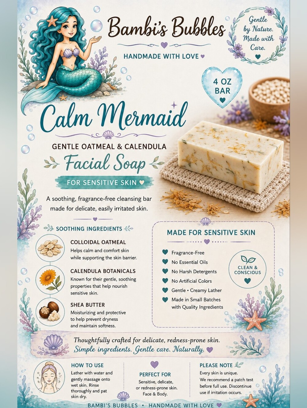 New! As Requested Calm Mermaid Facial Soap - Gentle Oatmeal & Calendula 4oz Bar